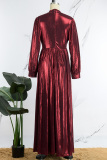 Red Casual Solid Hollowed Out Slit Turtleneck Long Dress Dresses