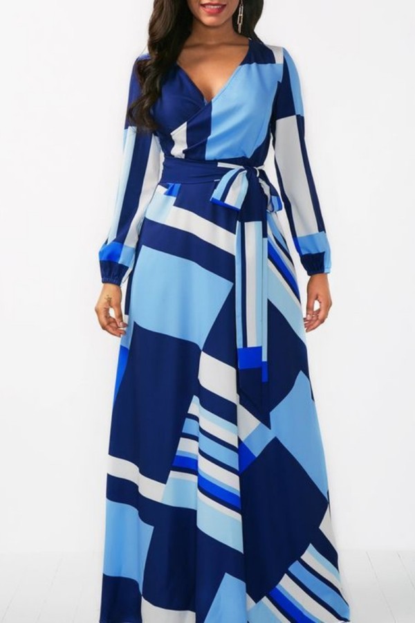 Blue Casual Print Patchwork V Neck Long Sleeve Plus Size Dresses