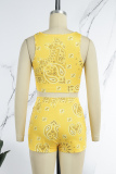 Yellow Casual Print Patchwork U Neck Sleeveless Two Pieces