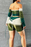 Green Casual Color Lump Hollowed Out Patchwork Contrast Strapless Long Sleeve Two Pieces
