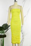 Yellow Sexy Solid Fold Strapless Pencil Skirt Dresses