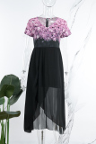 Black Purple Casual Print Patchwork O Neck Short Sleeve Dress Dresses