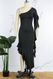 Black Sexy Casual Solid Flounce Oblique Collar Irregular Dress Dresses