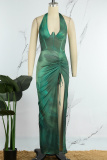 Green Street Print Draw String Backless High Opening Halter Irregular Dress Dresses