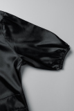 Black Elegant Solid Patchwork Fold O Neck Pleated Plus Size Dresses