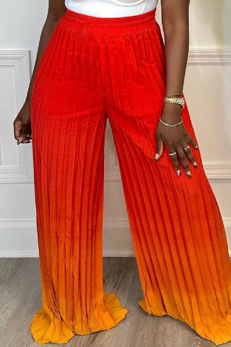 Orange Red Casual Gradual Change Print Pleated Regular High Waist Conventional Positioning Print Bottoms