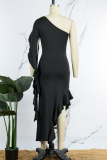 Black Sexy Casual Solid Flounce Oblique Collar Irregular Dress Dresses