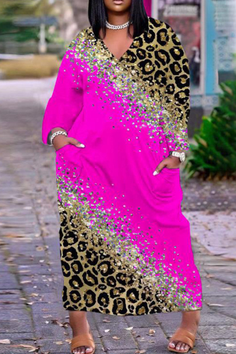Rose Purple Casual Print Basic V Neck Long Sleeve Dresses