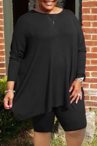 Black Casual Solid Basic O Neck Plus Size Two Pieces