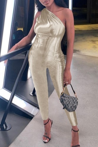 Apricot Casual Solid Backless Oblique Collar Skinny Jumpsuits