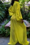 Yellow Casual Solid See-through V Neck Regular Jumpsuits