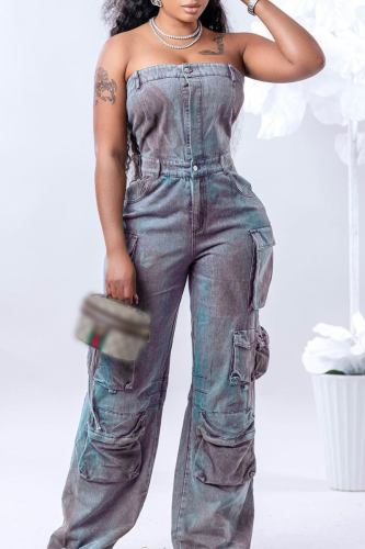 Multicolor Casual Print Patchwork Backless Strapless Denim Jumpsuits (Subject To The Actual Object)
