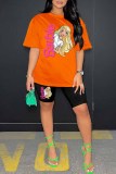 Orange Casual Character Print Letter O Neck Short Sleeve Two Pieces