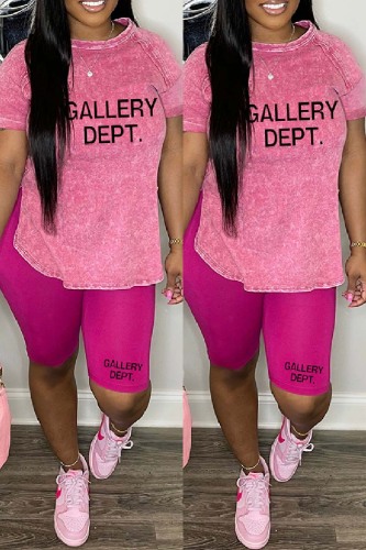 Rose Red Casual Daily Letter Print Basic O Neck Short Sleeve Two Pieces