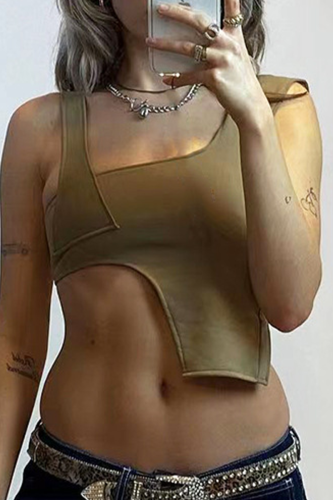 Army Green Street Solid Patchwork Asymmetrical Square Collar High Waist Tops