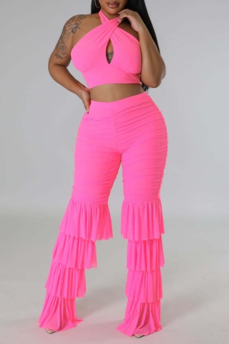 Rose Red Sexy Casual Solid Bandage Hollowed Out Patchwork Backless Halter Sleeveless Two Pieces