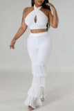White Sexy Casual Solid Bandage Hollowed Out Patchwork Backless Halter Sleeveless Two Pieces