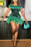 Ink Green Sexy Solid Sequins Patchwork Feathers Backless Off the Shoulder Wrapped Skirt Dresses