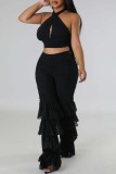 Black Sexy Casual Solid Bandage Hollowed Out Patchwork Backless Halter Sleeveless Two Pieces