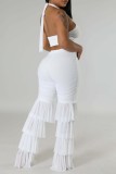 White Sexy Casual Solid Bandage Hollowed Out Patchwork Backless Halter Sleeveless Two Pieces