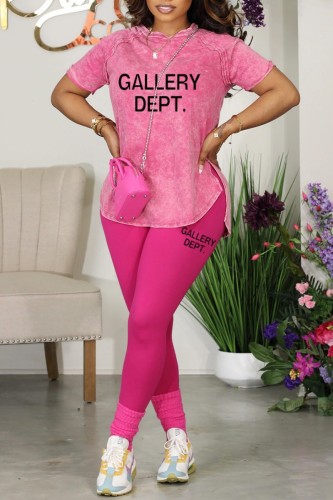 Rose Red Casual Letter Print Slit Basic O Neck Short Sleeve Two Pieces