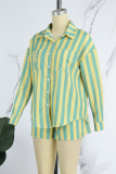 Black Casual Striped Print Patchwork Turndown Collar Long Sleeve Two Pieces