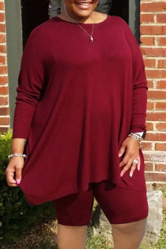 Burgundy Casual Solid Basic O Neck Plus Size Two Pieces