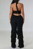 Black Sexy Casual Solid Bandage Hollowed Out Patchwork Backless Halter Sleeveless Two Pieces
