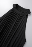 Black Casual Print Solid Pleated Half A Turtleneck Sleeveless Dress Dresses
