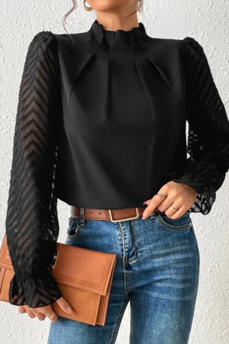 Black Casual Solid Patchwork Flounce Half A Turtleneck Tops