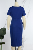 Deep Blue Casual Solid Patchwork Oblique Collar Pencil Skirt Short Sleeve Dress