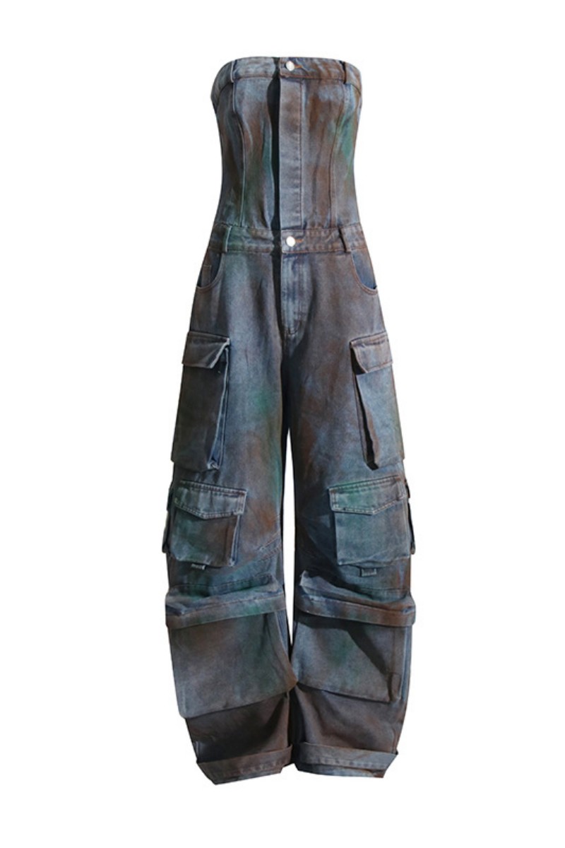 Casual Print Patchwork Strapless Straight Jumpsuits