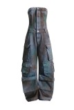 Multicolor Casual Print Patchwork Backless Strapless Denim Jumpsuits (Subject To The Actual Object)