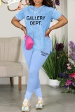 Light Blue Casual Letter Print Slit Basic O Neck Short Sleeve Two Pieces
