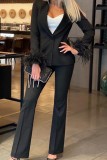Black Casual Solid Patchwork Feathers Cardigan Turn-back Collar Long Sleeve Two Pieces