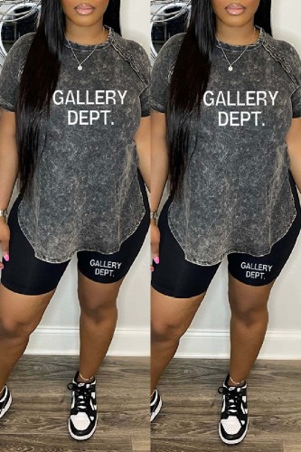 Black Casual Daily Letter Print Basic O Neck Short Sleeve Two Pieces
