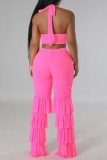 Rose Red Sexy Casual Solid Bandage Hollowed Out Patchwork Backless Halter Sleeveless Two Pieces