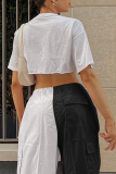 Black White Color Lump Pocket Contrast Loose Mid Waist Straight Patchwork Bottoms