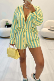 Yellow Casual Striped Print Patchwork Turndown Collar Long Sleeve Two Pieces