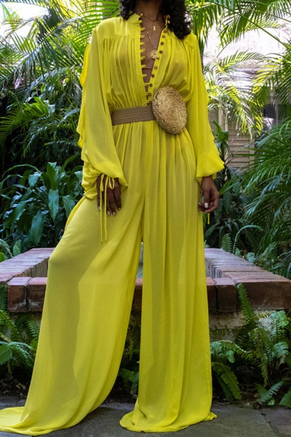 Yellow Casual Solid See-through V Neck Regular Jumpsuits