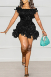 Black Sexy Solid Sequins Patchwork Feathers Backless Off the Shoulder Wrapped Skirt Dresses