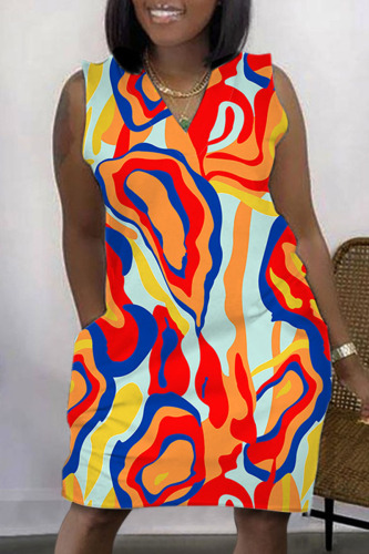 Orange Red Casual Print Patchwork Basic V Neck Sleeveless Dress Dresses