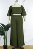 Army Green Casual Solid Basic O Neck Plus Size Two Pieces