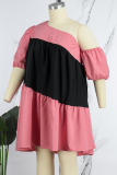 Pink Casual Daily Simplicity Contrast Asymmetrical Collar Asymmetrical Dresses