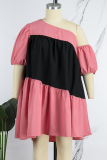 Pink Casual Daily Simplicity Contrast Asymmetrical Collar Asymmetrical Dresses