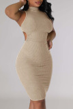 Cream White Casual Solid Hollowed Out Turtleneck Sleeveless Dress Dresses