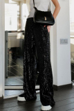 Black Casual British Style Solid Sequins Loose Low Waist Straight Solid Color Bottoms