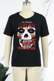 Black Sweet Daily Print Patchwork Skull O Neck T-Shirts