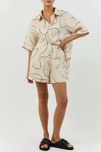 Apricot Sexy Daily Geometric Print Patchwork Turndown Collar Short Sleeve Two Pieces