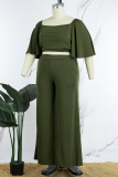 Army Green Casual Solid Basic O Neck Plus Size Two Pieces